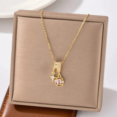 Gold Plated Pink Zircon Gemstone & Star Dangle Pendant Necklace