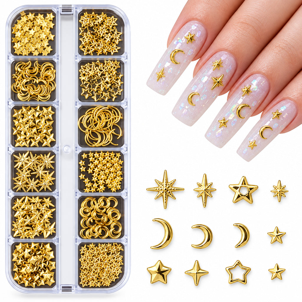 Y2K Style Gold Star & Heart Sequin Nail Art Decorations Set