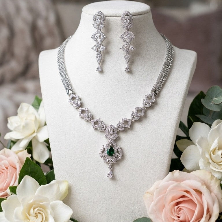 Silver-Toned Necklace Set with Gemstone Drop & Dangling Earrings