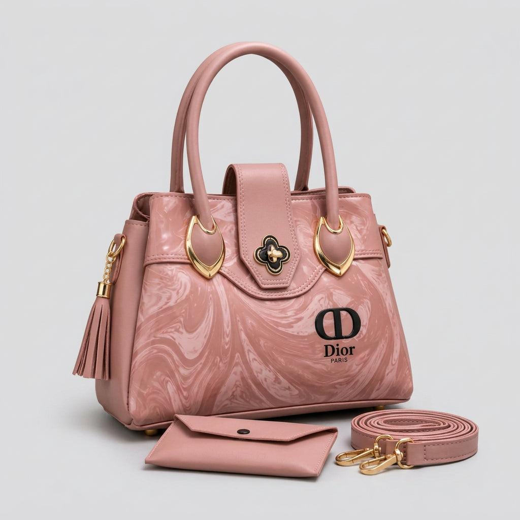 Dior Marble Print Top Handle Handbag with Wallet & Shoulder Strap
