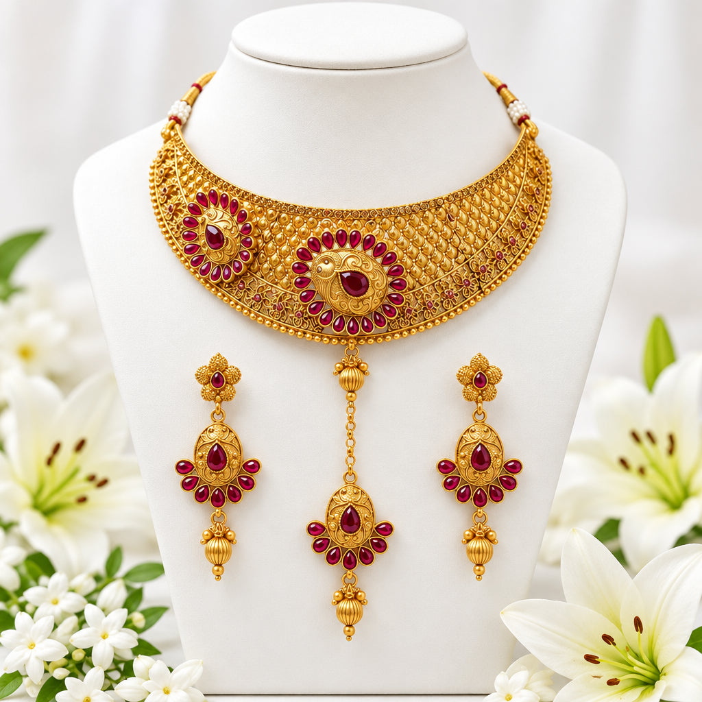 Traditional Bridal Choker & Earring Set – Filigree & Ruby-Style Gemstones