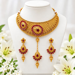Traditional Bridal Choker & Earring Set – Filigree & Ruby-Style Gemstones