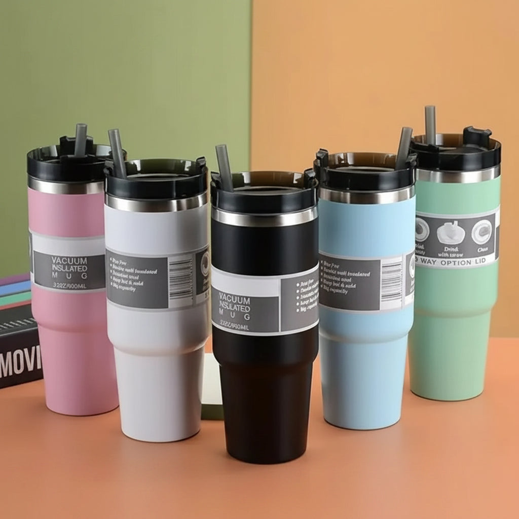 Stainless Steel Tumbler with Straw & Handle - 900ml