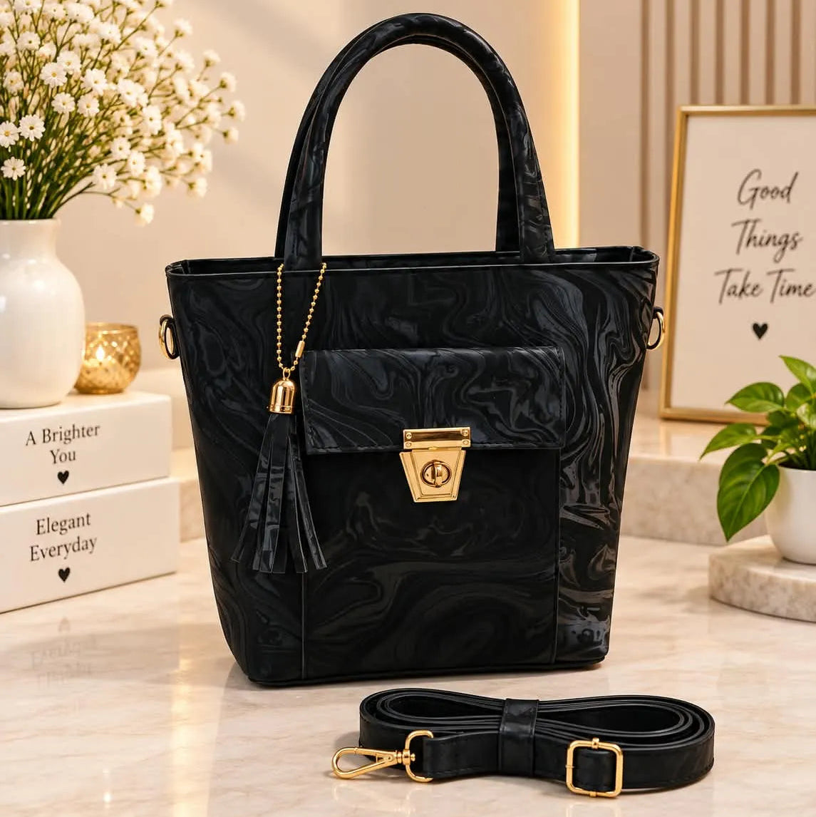 Marble Print Flap Pocket Top Handle Tote Bag with Tassel & Strap