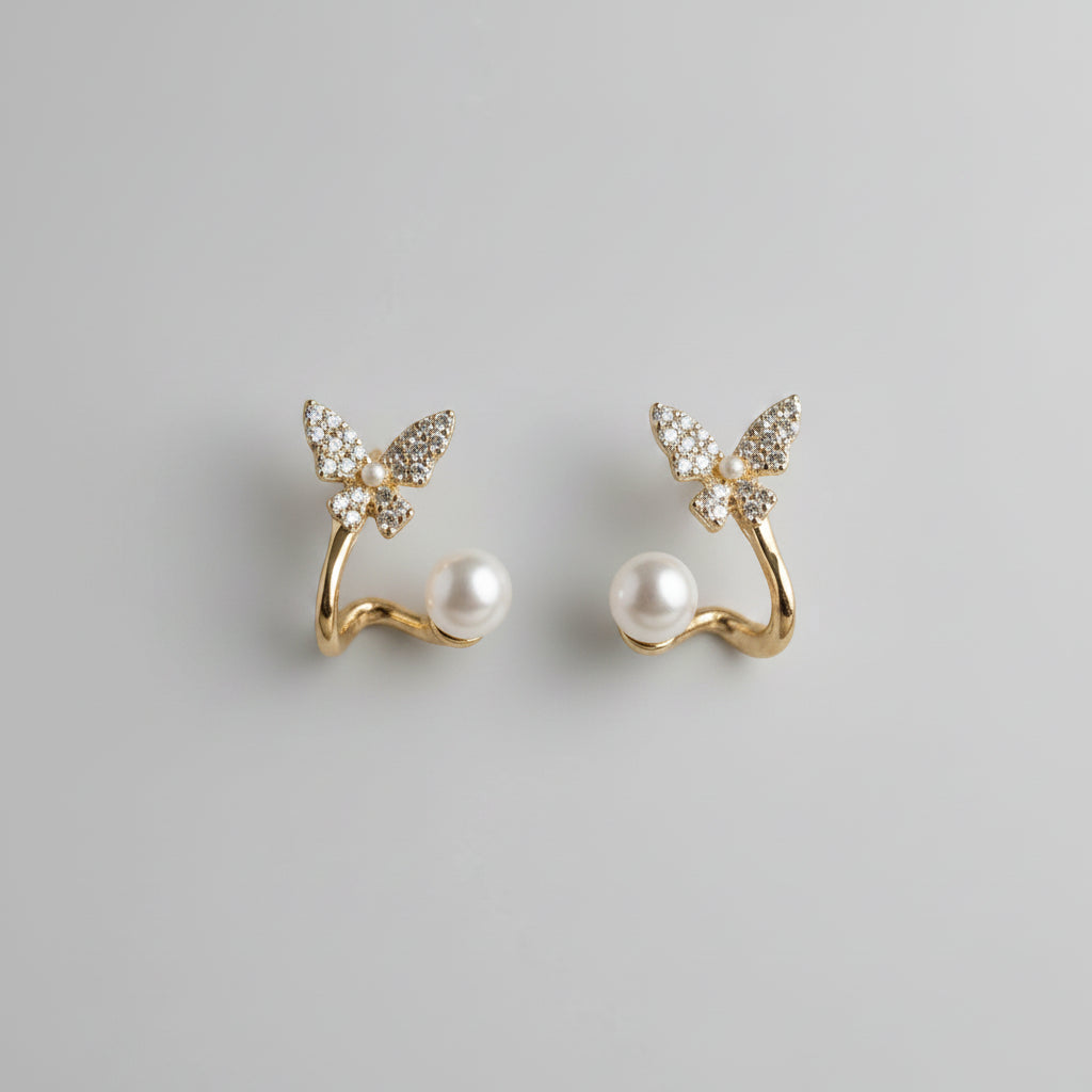 Ethereal Butterfly & Pearl Studs - Gold Finish - Each Pair