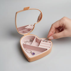 Heart-Shaped Mini Travel Jewelry Box Organizer with Mirror