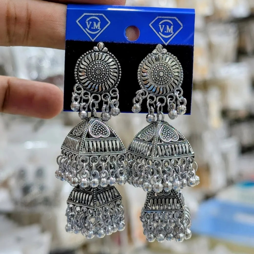 Oxidized Silver Double Square Jhumkas