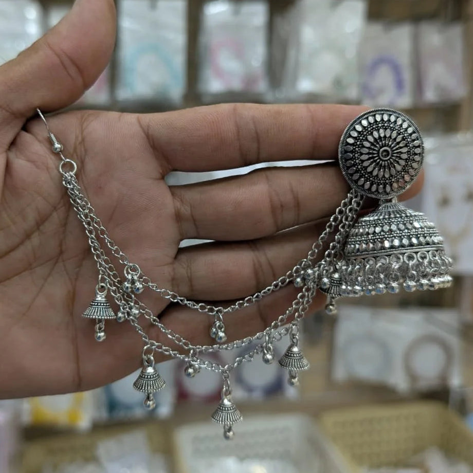 Traditional Silver Bahubali Jhumkas with Sahara Ear Chains