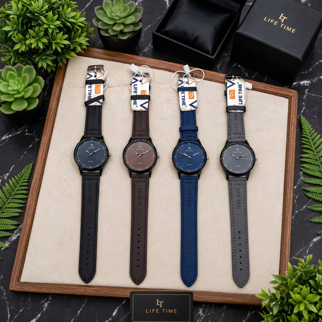 Life Time Quartz Analog Wristwatch with Round Dial and Synthetic Leather Strap