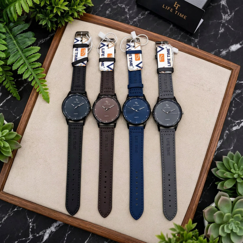 Life Time Quartz Analog Wristwatch with Round Dark Dial and Matching Faux-Leather Strap