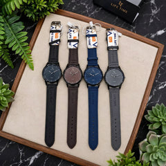Life Time Quartz Analog Wristwatch with Round Dark Dial and Matching Faux-Leather Strap