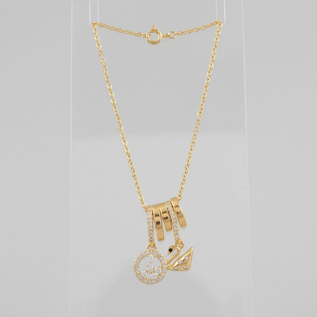  Gold Plated Multi Charm & Swan Pendant Chain Necklace