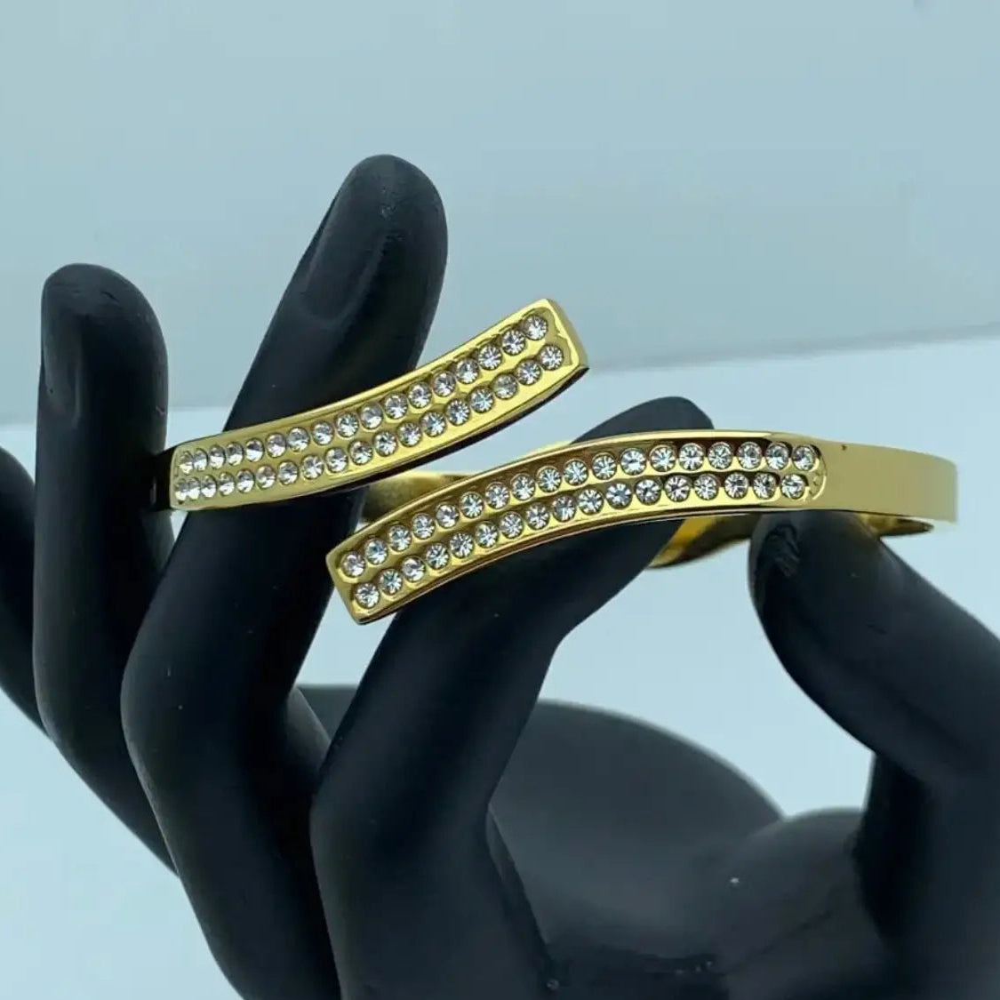 Gold Rhinestone DoubleRow Open Cuff Bangle