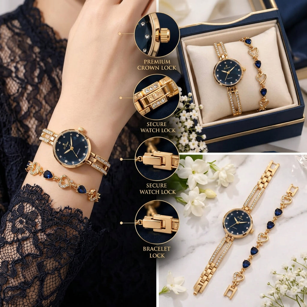 Fancy Beautiful Steel Chain Bracelet + Watch 2-Piece Deal for Her - With Box