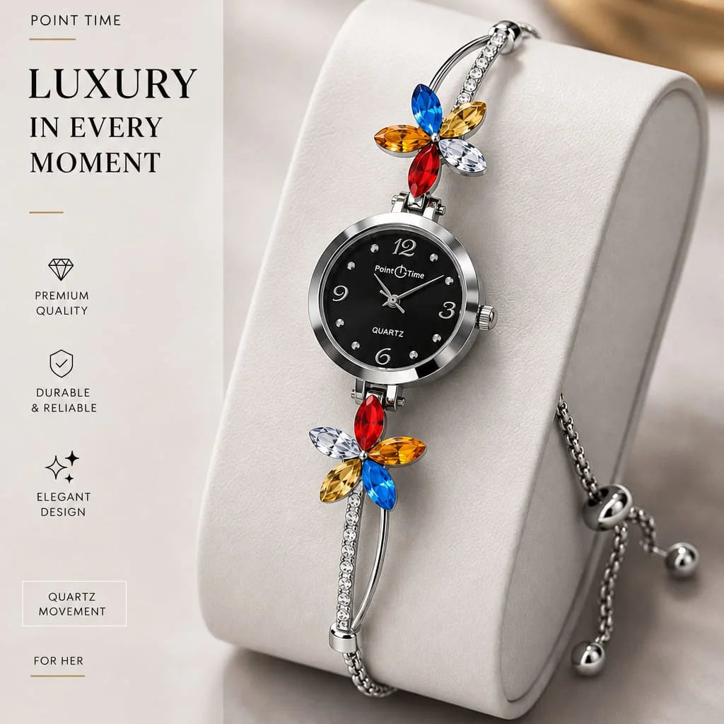 Point Time Women's Black Dial Crystal Watch