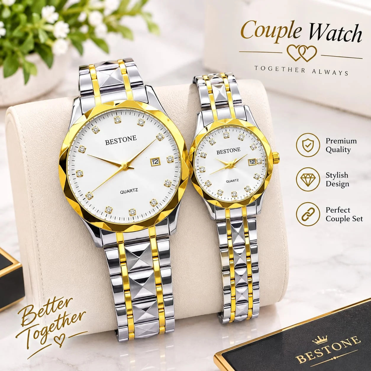 BESTONE Stainless Steel Diamond Marker Couple Watch Set