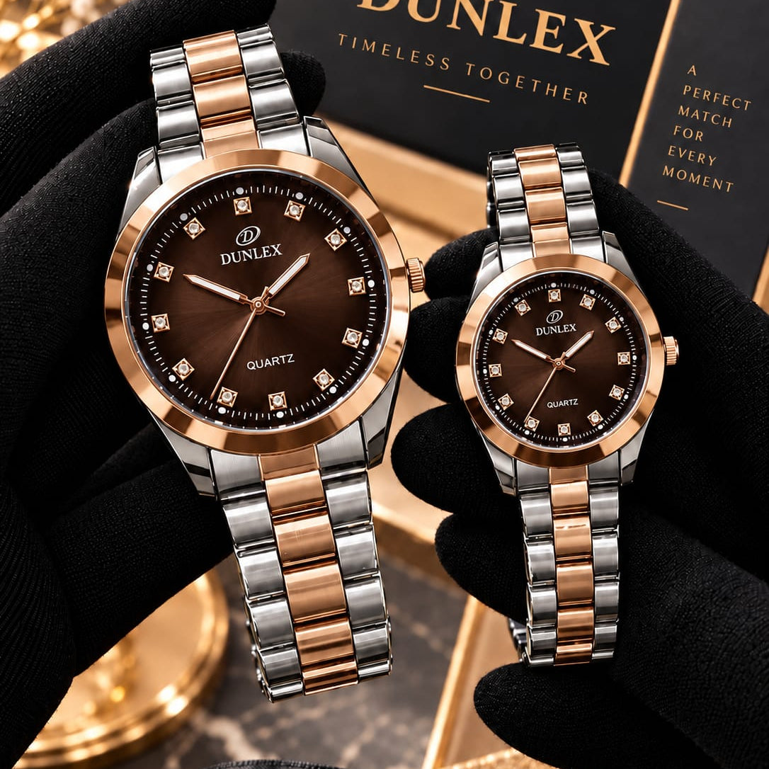 DUNLEX Luxury Couple Watch Pair Set – Brass Case, Steel Chain, Colorful Nugina Dial & Push-Button Lock