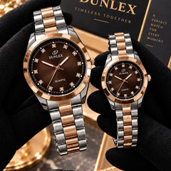 DUNLEX Luxury Couple Watch Pair Set – Brass Case, Steel Chain, Colorful Nugina Dial & Push-Button Lock