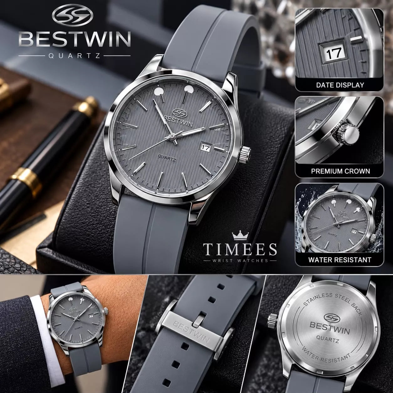 BESTWIN Stylish Gents Quartz Watch with Textured Dial - With Box