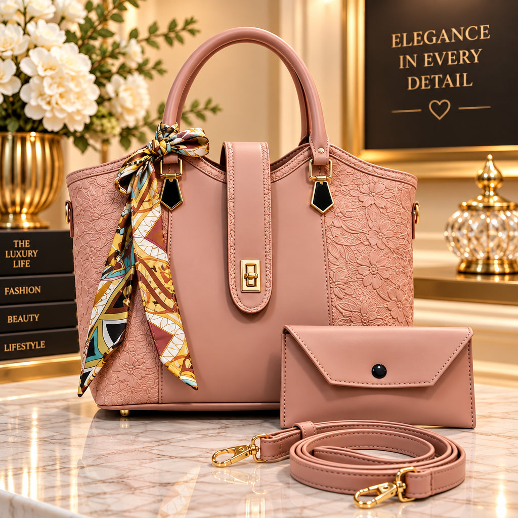 Embossed Floral Leather Womens Handbag Set