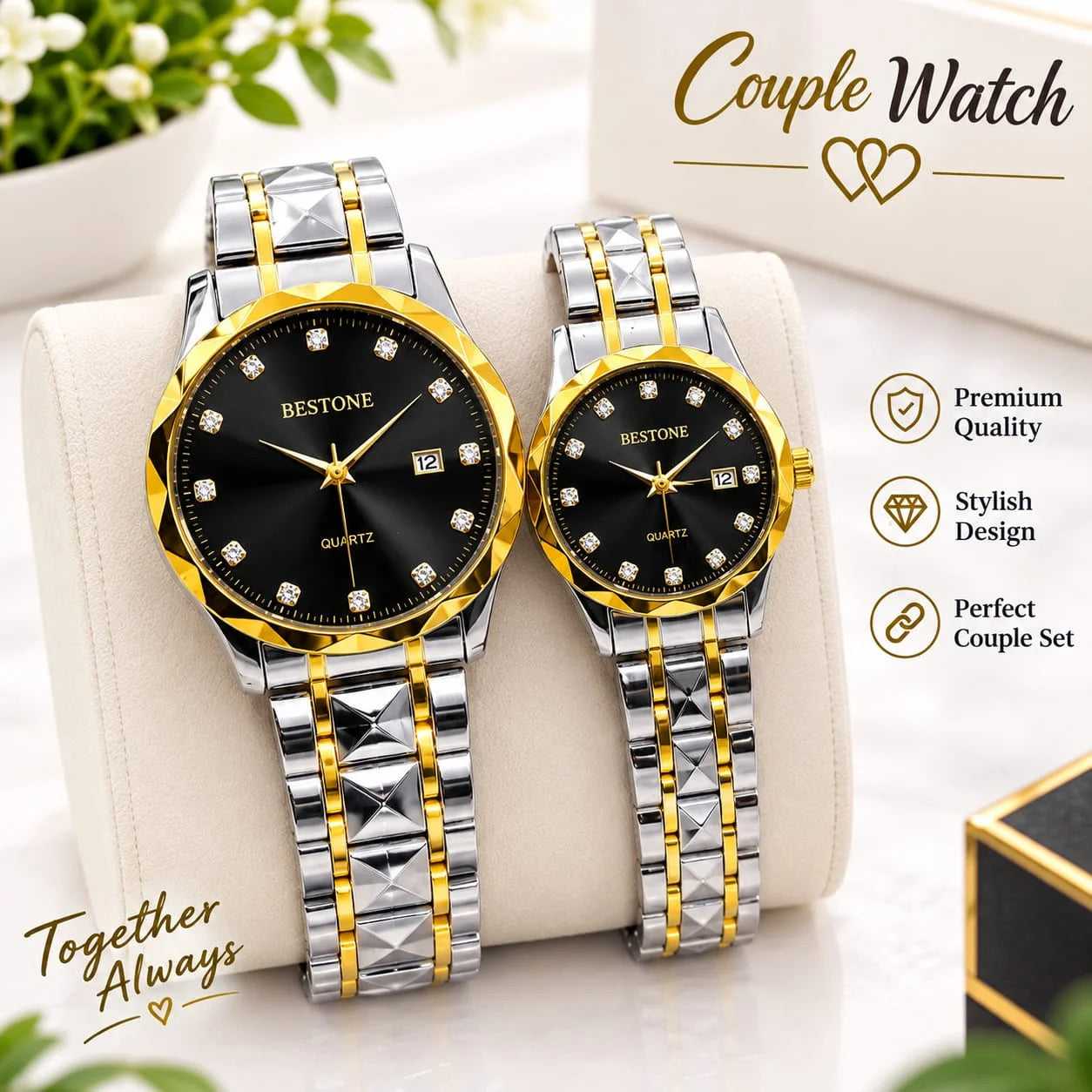 BESTONE Stainless Steel Diamond Marker Couple Watch Set