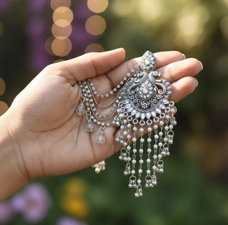Silver Pearl Chandbali Earrings with Ear Chain