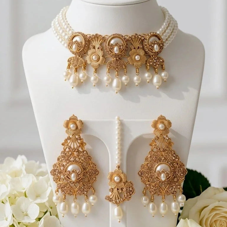 Elegant Gold Plated Pearl Choker Jewelry Set