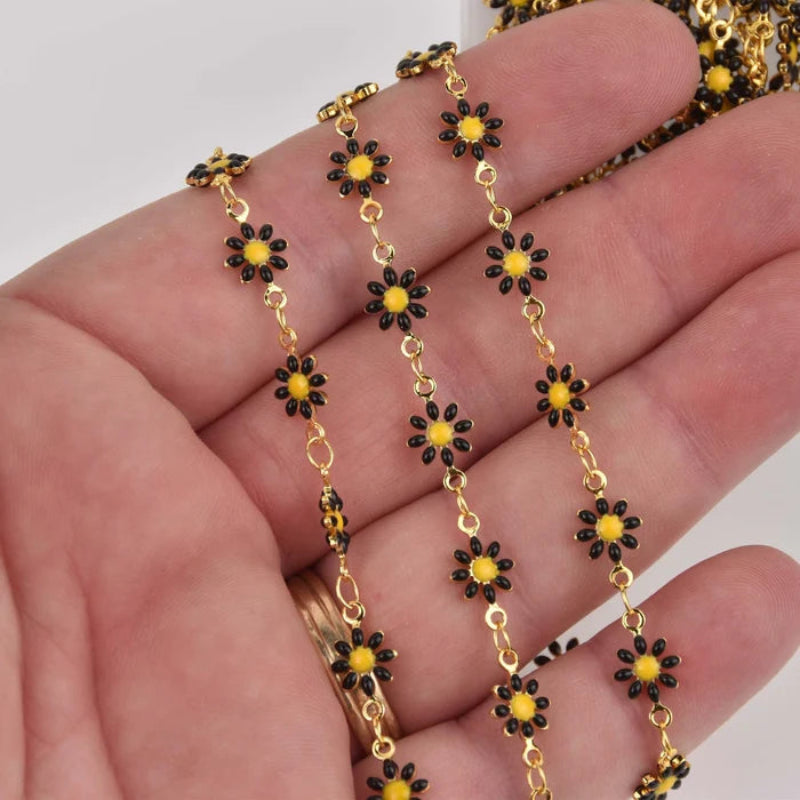 Brass Daisy Chain - Enamel Black Flower Chains Permanent Bracelet - 5m