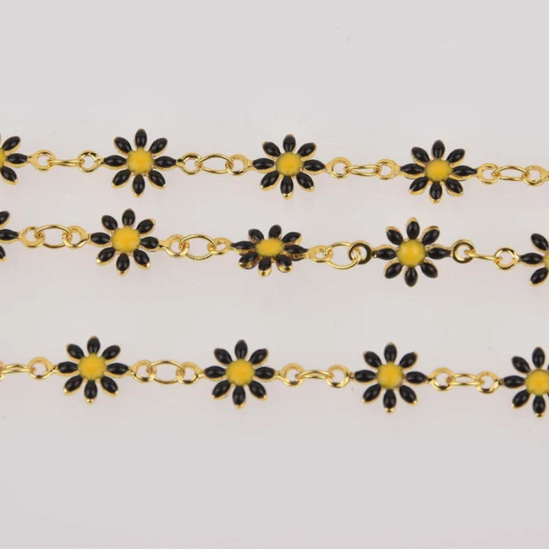 Brass Daisy Chain - Enamel Black Flower Chains Permanent Bracelet - 5m