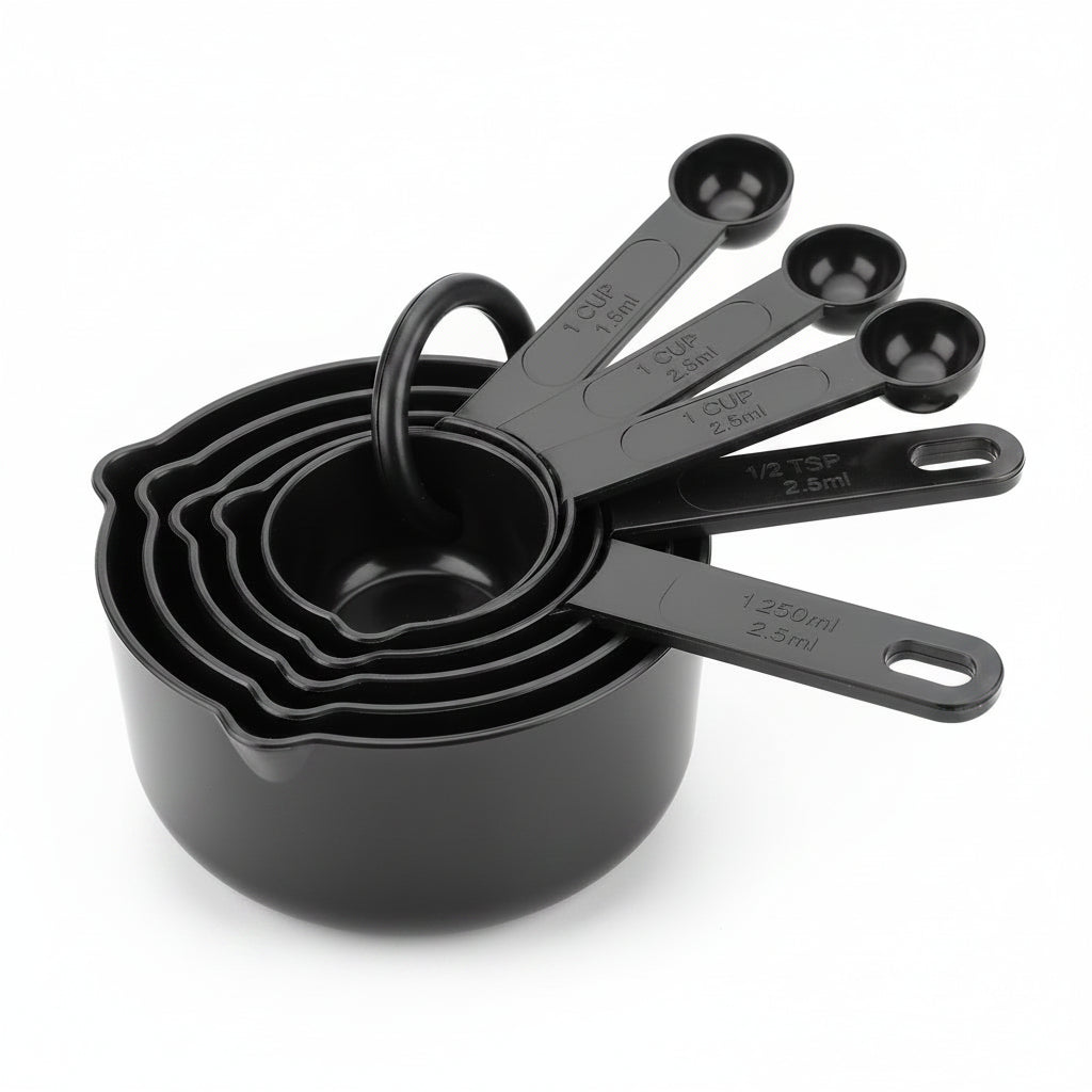 10-piece set of black plastic measuring cups and spoons. - Each Set