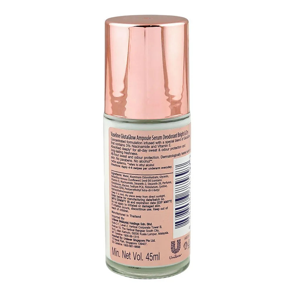 Vaseline Gluta Glow Ampoule Bright & Dry Serum Deodorant Roll On, Niacinamide + Vitamin E - 45ml