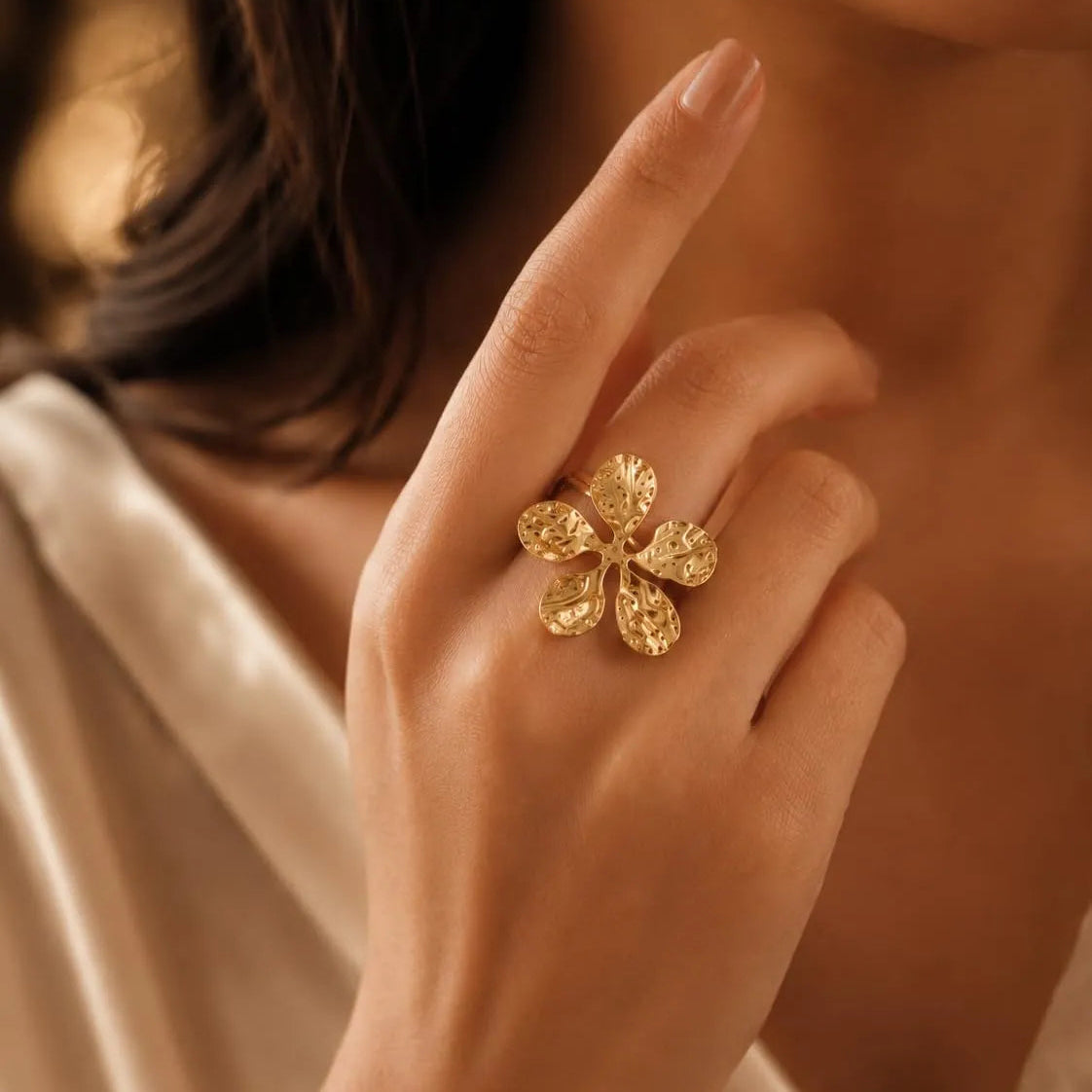 Gold Hammered Flower Statement Free Size Ring - Each