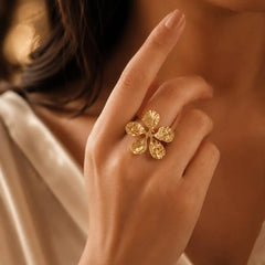 Gold Hammered Flower Statement Free Size Ring - Each