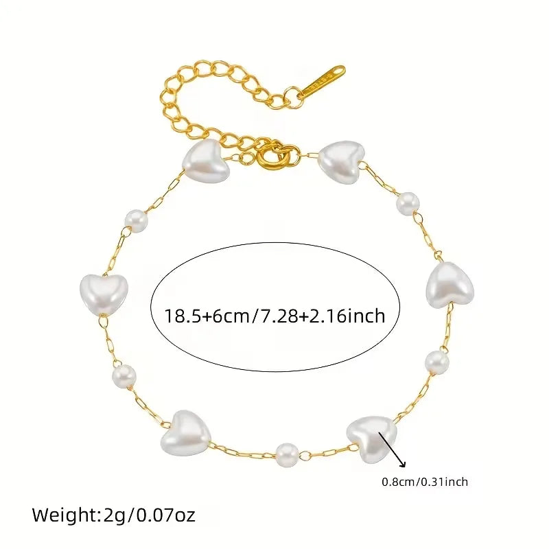 Stainless Steel Heart-Shaped Imitation Pearl Bracelet - Each