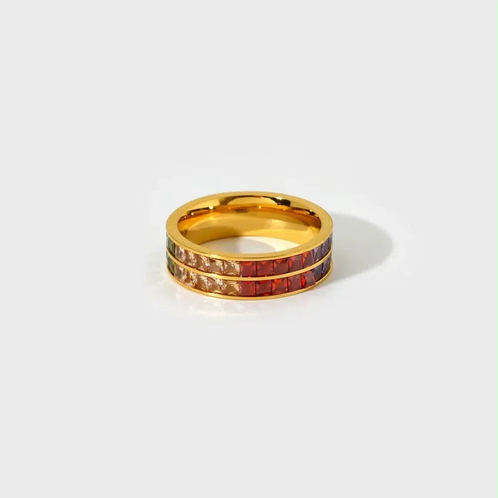Stainless Steel Colorful Zircon Square Waterproof Fashion Ring
