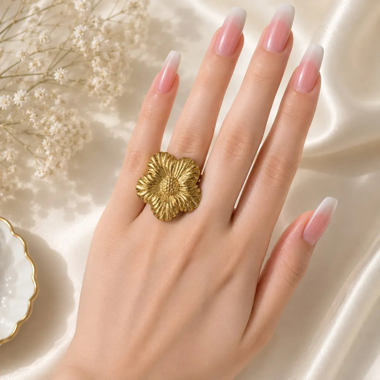 Gold Textured Floral Statement Free Size Ring - Each