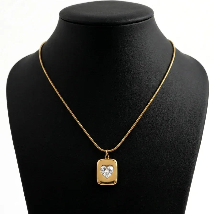 Gold Square Heart Crystal Pendant Necklace