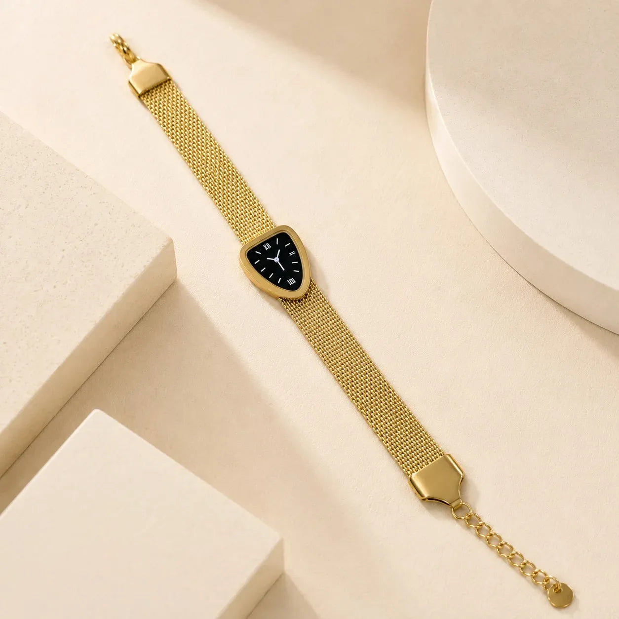 Luxury Gold Triangular Dial Mesh Strap Watch Bracelet for Women