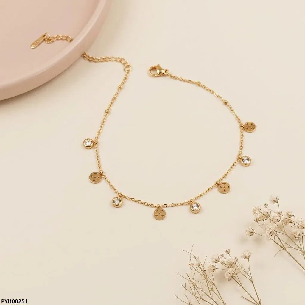 Stainless Steel Gold Floral Charm Anklet