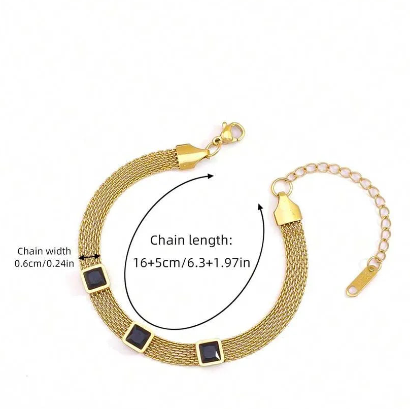 Gold Plated Black Square Stone Mesh Chain Bracelet