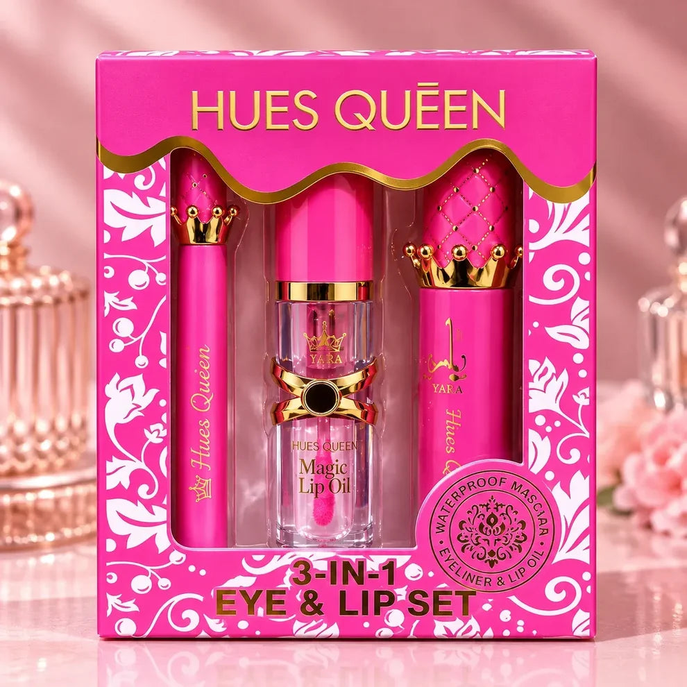 HUES QUEEN 3-in-1 Eye & Lip Set – Lip Oil, Eyeliner & Mascara