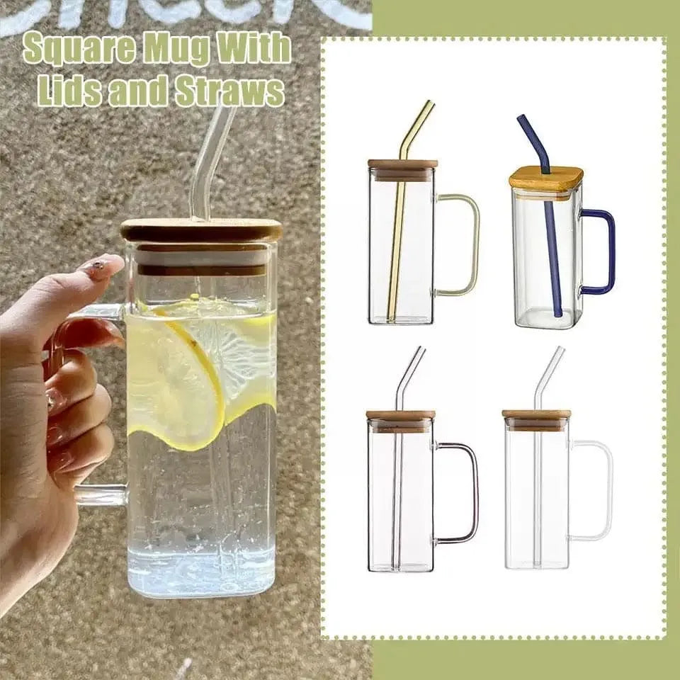 Modern Square Borosilicate Glass Cups with Colored Handles -400ml