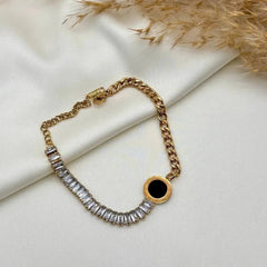 Stainless Steel Gold Black Roman Numeral Crystal Chain Bracelet