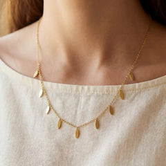 Delicate Gold Leaf Charm Drop Choker Necklace