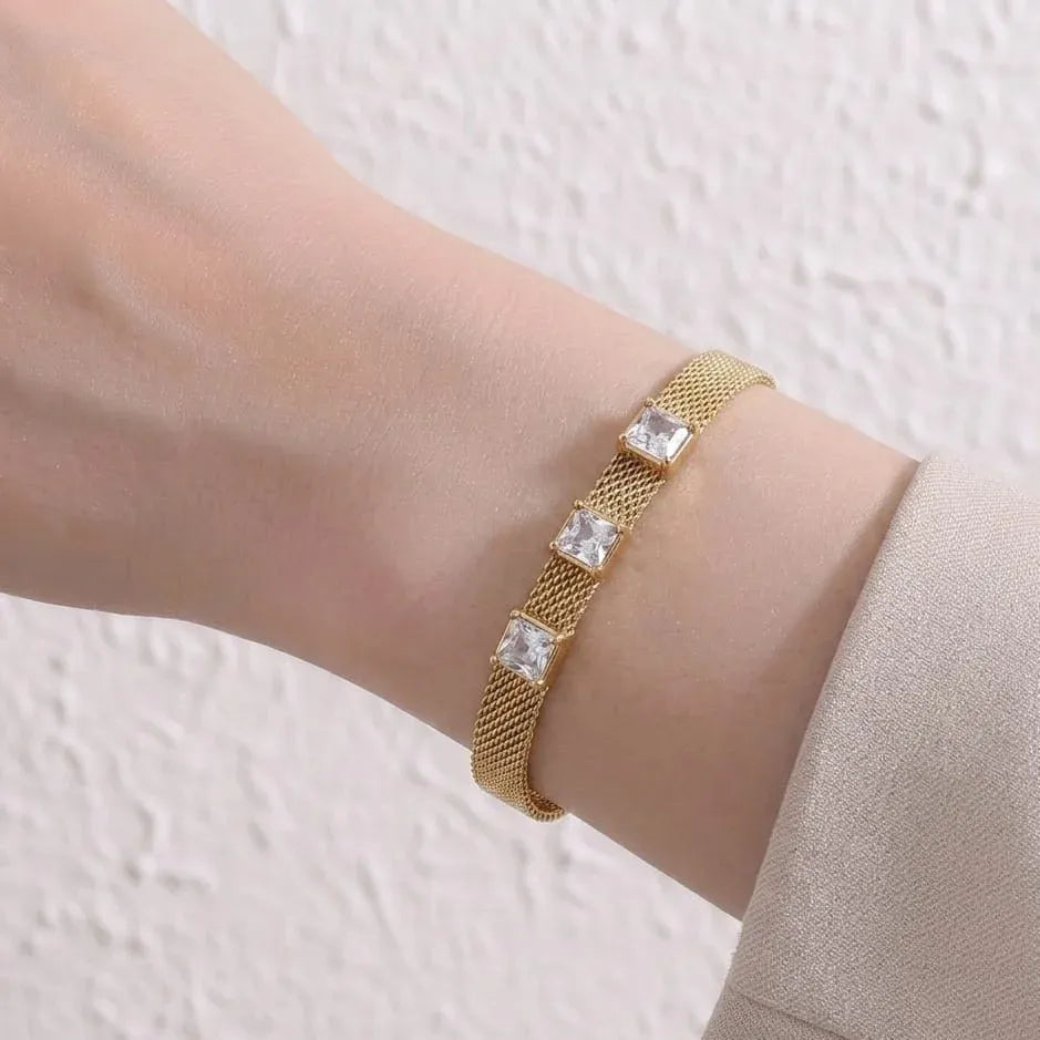 Gold Plated Square Crystal Mesh Chain Bracelet
