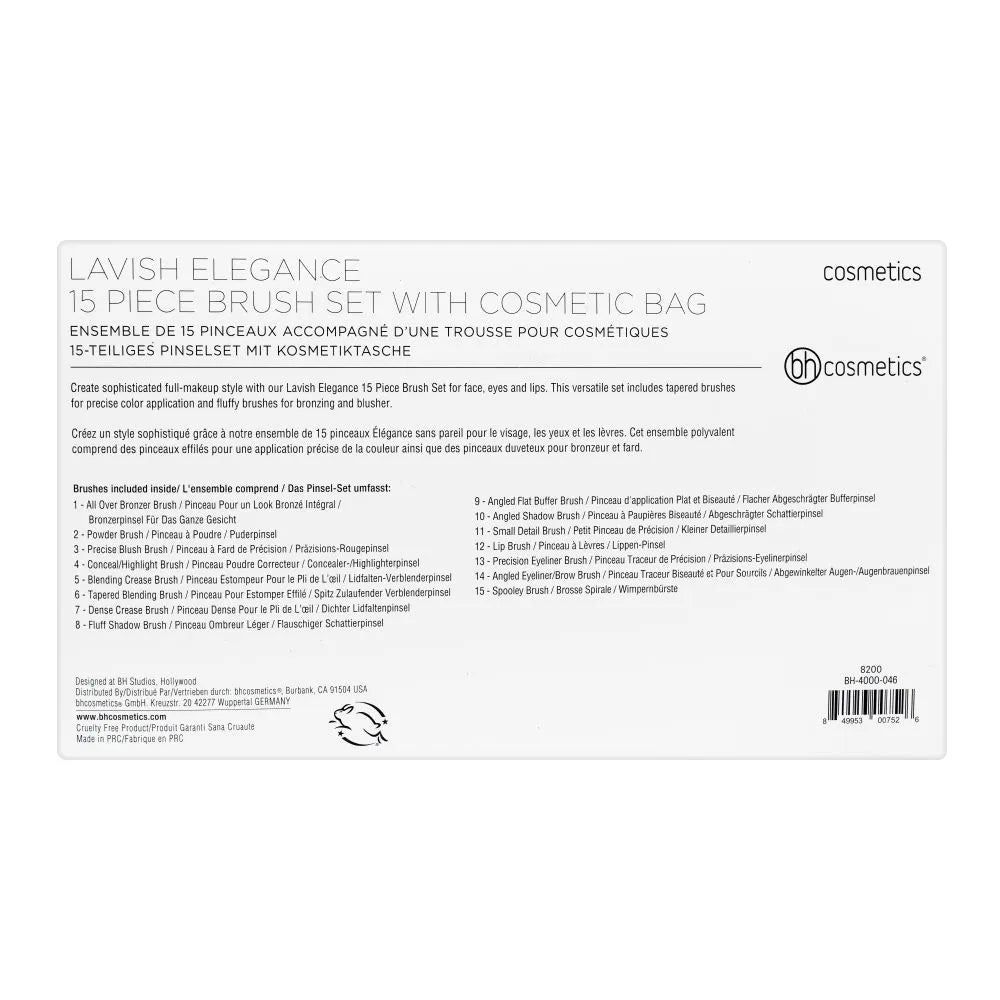 BH Cosmetics Lavish Elegance Brush Set With Cosmetics Bag, 15 Pieces