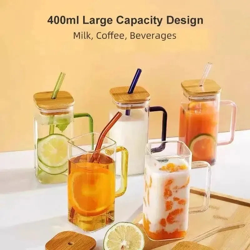 Modern Square Borosilicate Glass Cups with Colored Handles -400ml