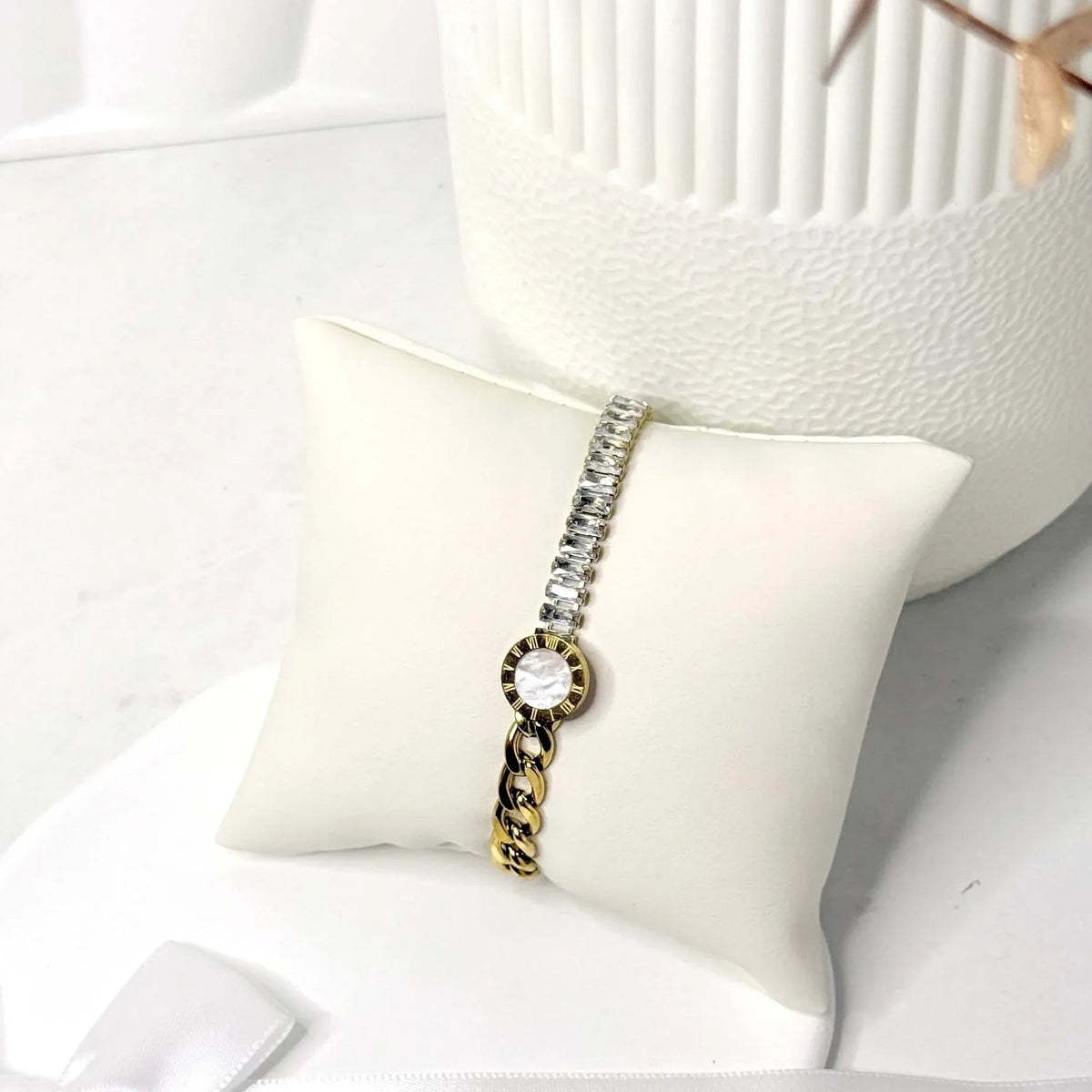 Stainless Steel Gold & Silver Roman Numeral Crystal Chain Bracelet