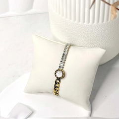Stainless Steel Gold & Silver Roman Numeral Crystal Chain Bracelet