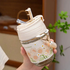 Cute Sunflower Glass Water Bottle with Detachable Pearl Chain - Each